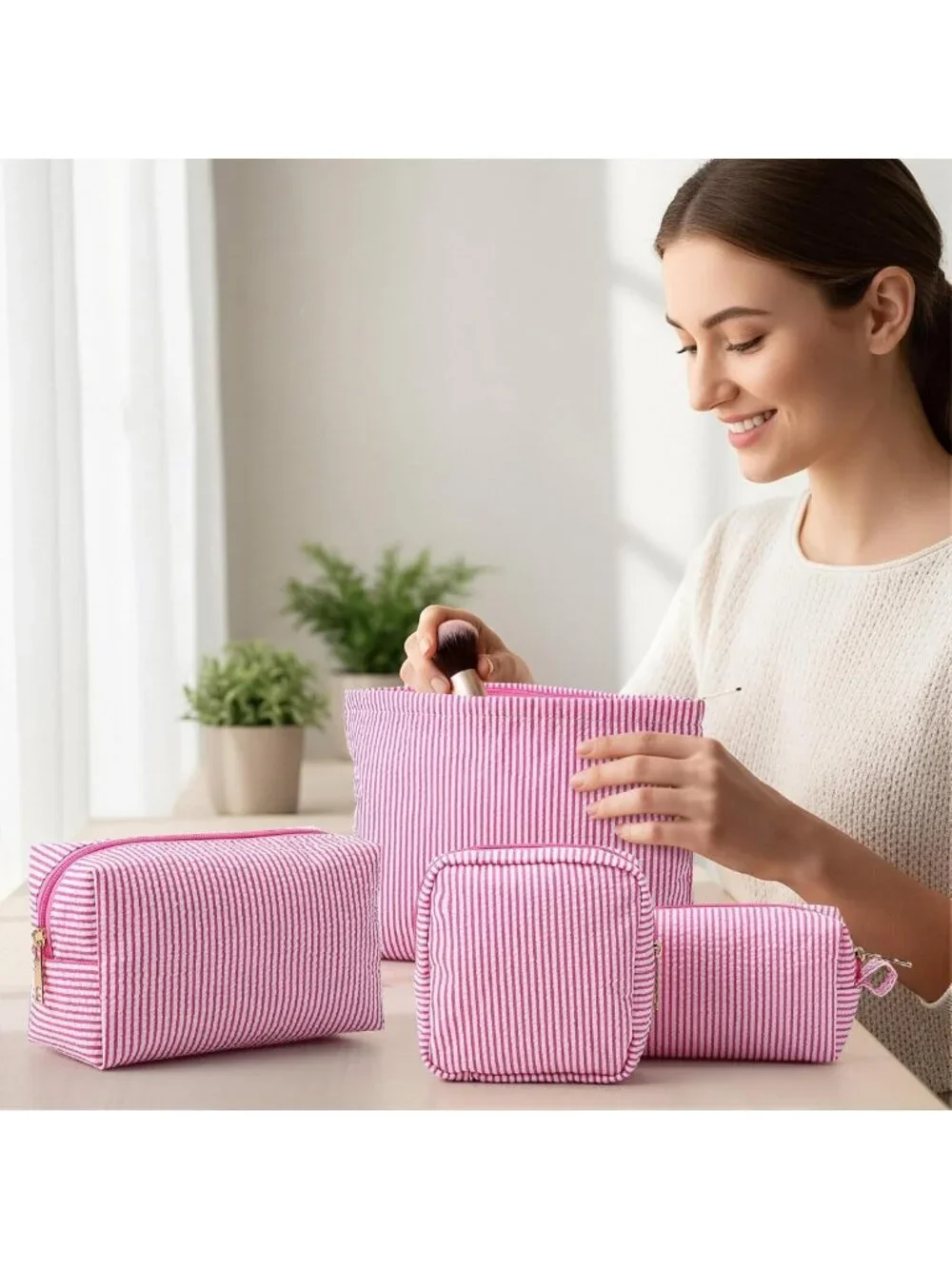 4 Pcs Seersucker Makeup Bag Set - Large Travel Toiletry Organizer, Aesthetic